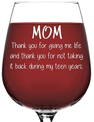 Mom Thank You For Giving Me Life Funny Wine Glass - Unique Christmas Gifts for Mom, Women - Best Mom Gifts - Xmas Gag Gift Idea for Her from Son, Daughter, Kids - Cool Bday Present - Fun Novelty Gift