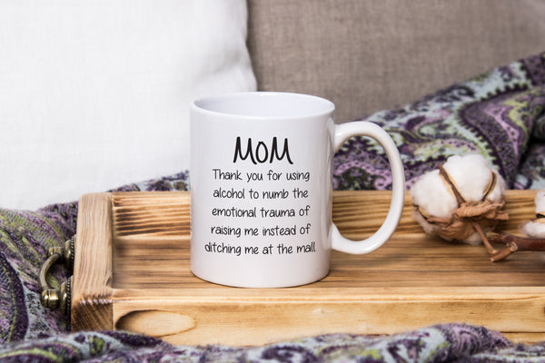 Mom Thank You For Using Funny Coffee Mug - Best Christmas Gifts for Mom, Women - Unique Xmas Gag Mom Gifts from Daughter, Son, Kids - Top Birthday Present Idea for Mother, Her - Fun & Cool Novelty Cup