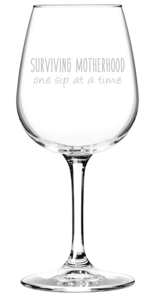 Surviving Motherhood Funny Wine Glass - Best Christmas Gifts for Women, Wife, New Mom - Unique Xmas Gag Gift Ideas from Husband, Kids - Fun Novelty Birthday Present for a Mother, Mommy, Friend, Sister