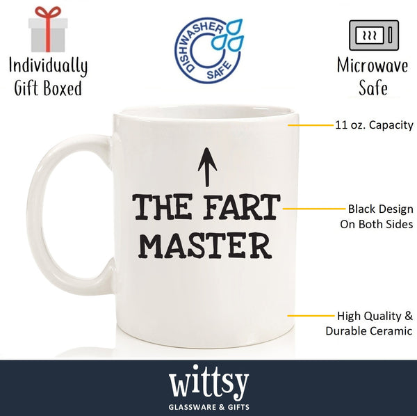 The Fart Master Funny Coffee Mug - Best Gag Christmas Gifts for Men, Dad - Unique Xmas Gift Idea for Him from Son, Daughter, Wife - Top Birthday Present for Husband, Brother, Women