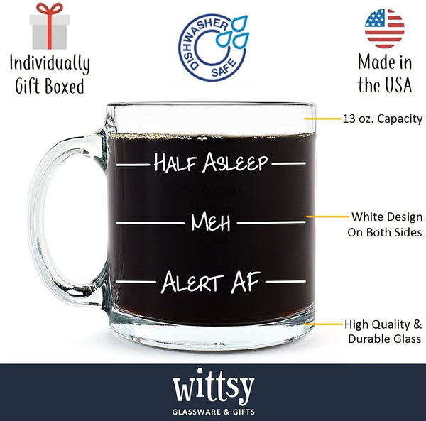 Alert AF Funny Coffee Mug - Best Christmas Gifts for Men, Women, Husband, Wife - Cool Xmas Gag Gift Ideas for Him, Her, Dad, Mom from Son, Daughter - Unique Birthday Present - Fun Novelty Glass Cup