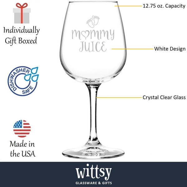 Mommy Juice Funny Wine Glass - Best Christmas Gifts for Women, Mom - Unique Xmas Gag Wife Gifts from Husband, Son, Daughter - Fun Novelty Birthday Present Idea for a New Mom, Friend, Adult Sister, Her